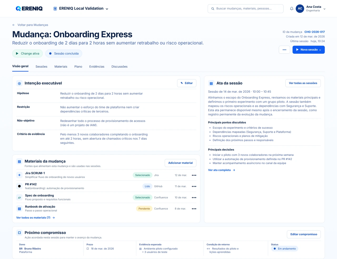 Mockup da ERENIQ mostrando a Change Onboarding Express com intenção executável, materiais, ata de sessão e próximo compromisso.